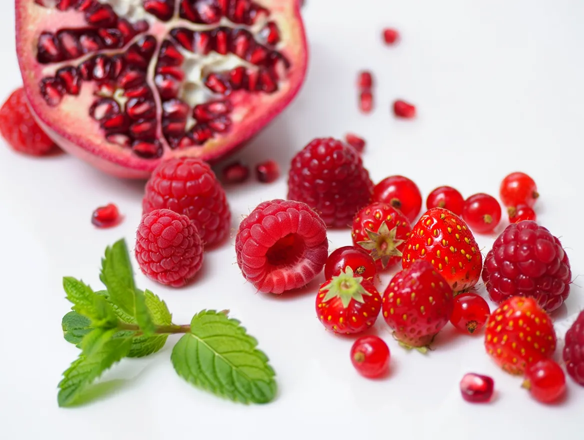 Colorful arrangement of red fruits including berries and pomegranates