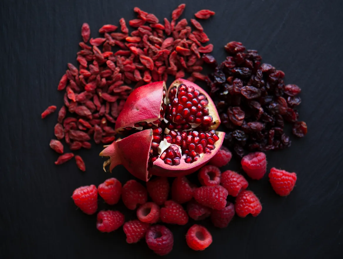 Various red fruits arranged in an artistic composition showing nutritional variety